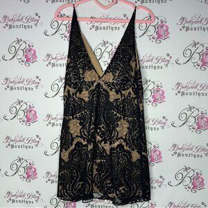 Free People Night Shimmer Mini Dress Plunge Black Sequin Lace Nude Slip 6